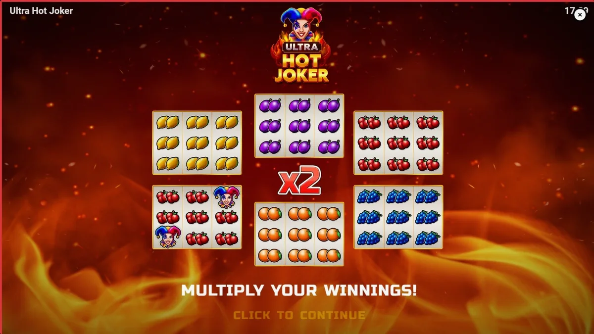 Tampilan visual slot Ultra Hot Joker dengan simbol buah yang menyala
